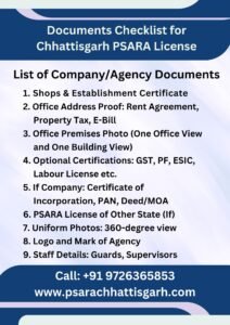 Required Document PSARA License in Chhattisgarh